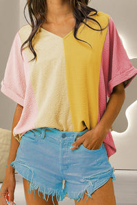Color Block V-Neck Half Sleeve T-Shirt