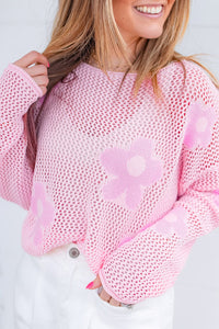Flower Boat Neck Long Sleeve Knit Cover Up