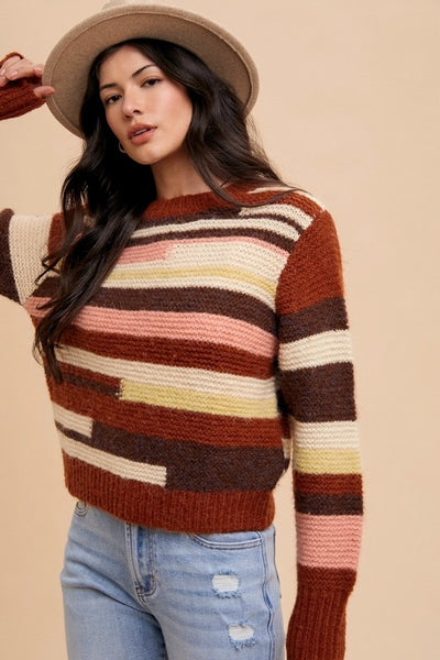 Wear Color Block Round Neck Long Sleeve Sweater