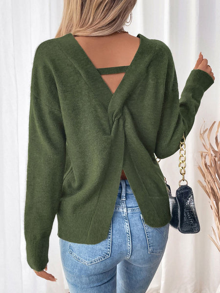 Twisted V-Neck Long Sleeve Sweatshirt