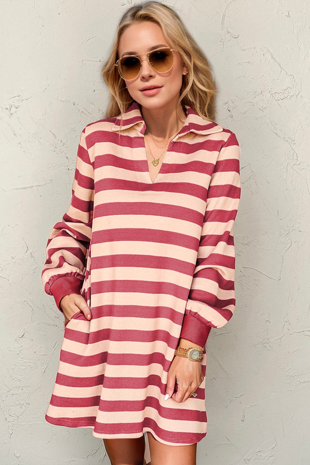 Full Size Striped Contrast Collared Neck Long Sleeve Dress