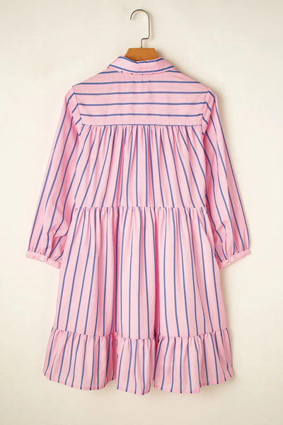 Striped Collared Neck Long Sleeve Mini Shirt Dress