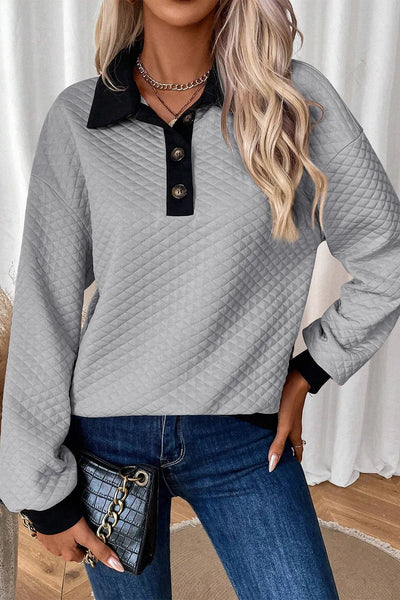 Textured Collared Neck Long Sleeve Top