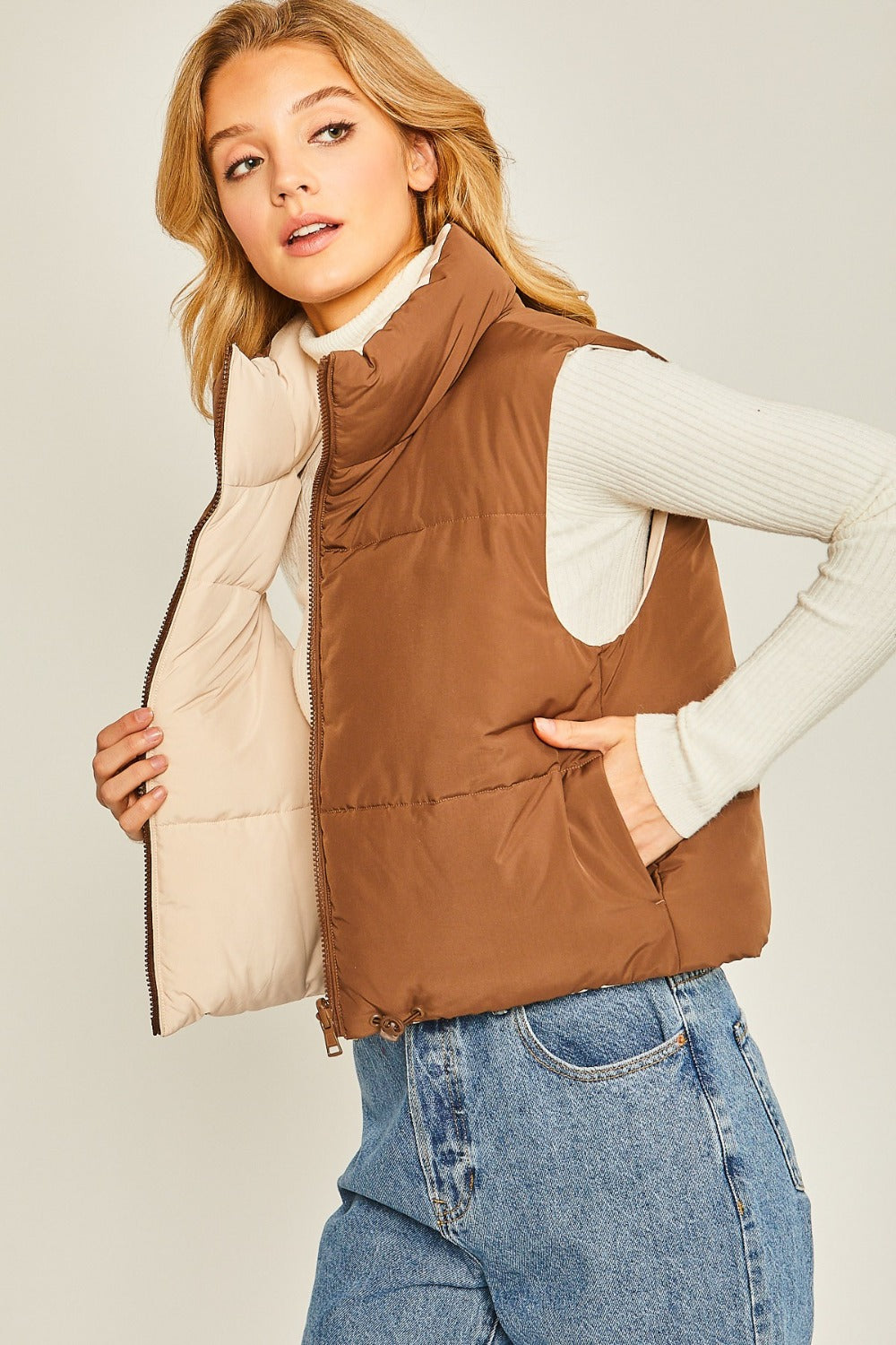 Zip Up Cropped Contrast Reversible Vest