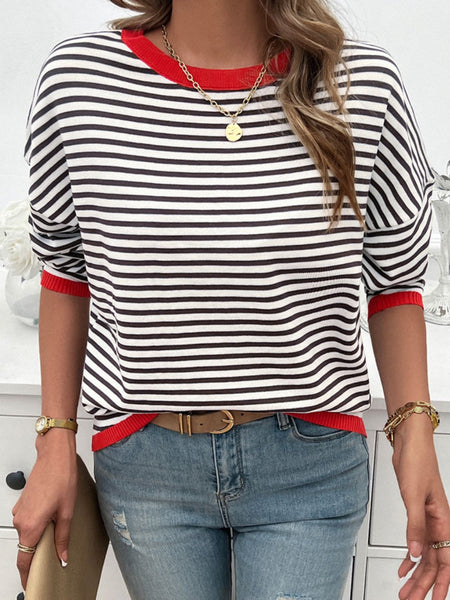 Striped Round Neck Dropped Shoulder Sweater