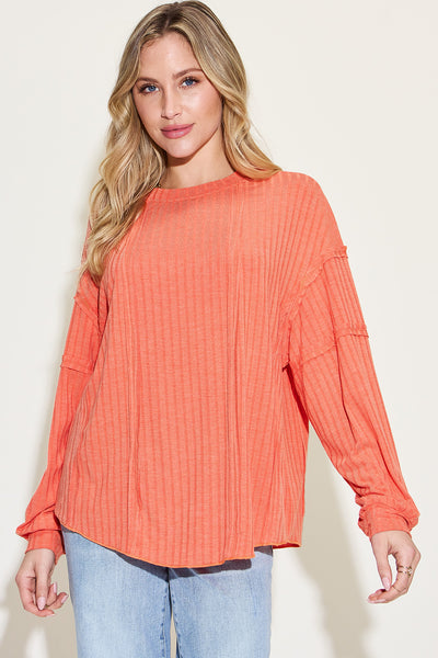 Ribbed Round Neck Long Sleeve T-Shirt