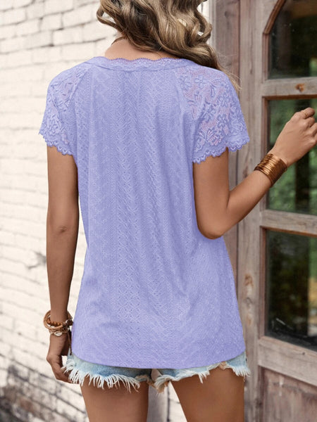 Lace Detail V-Neck Short Sleeve T-Shirt