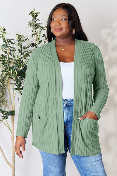 Full Size Ribbed Open Front Cardigan with Pockets