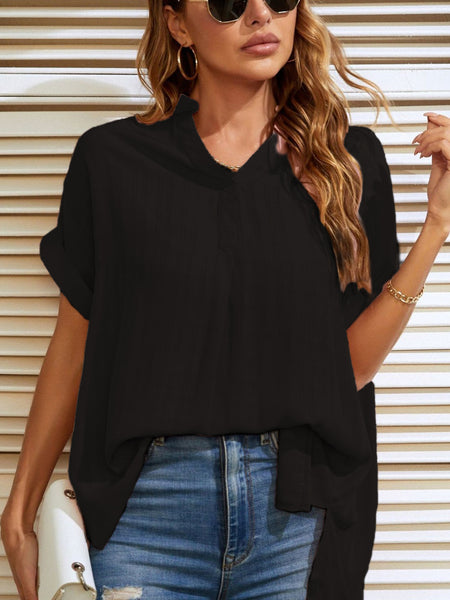 Side Slit Notched Short Sleeve Blouse