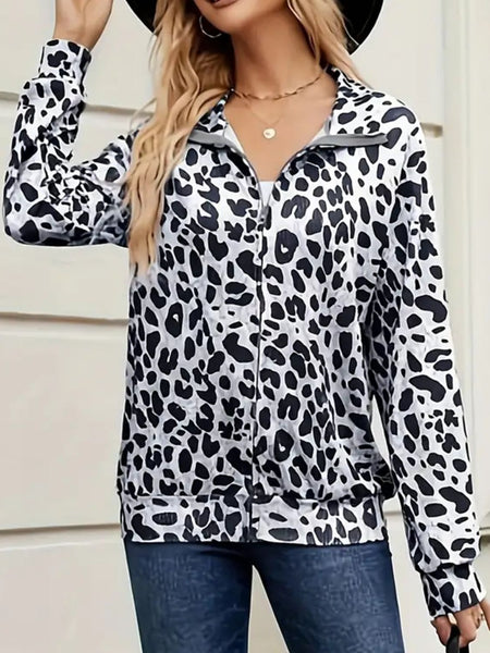 Full Size Leopard Collared Neck Zip Up Jacket