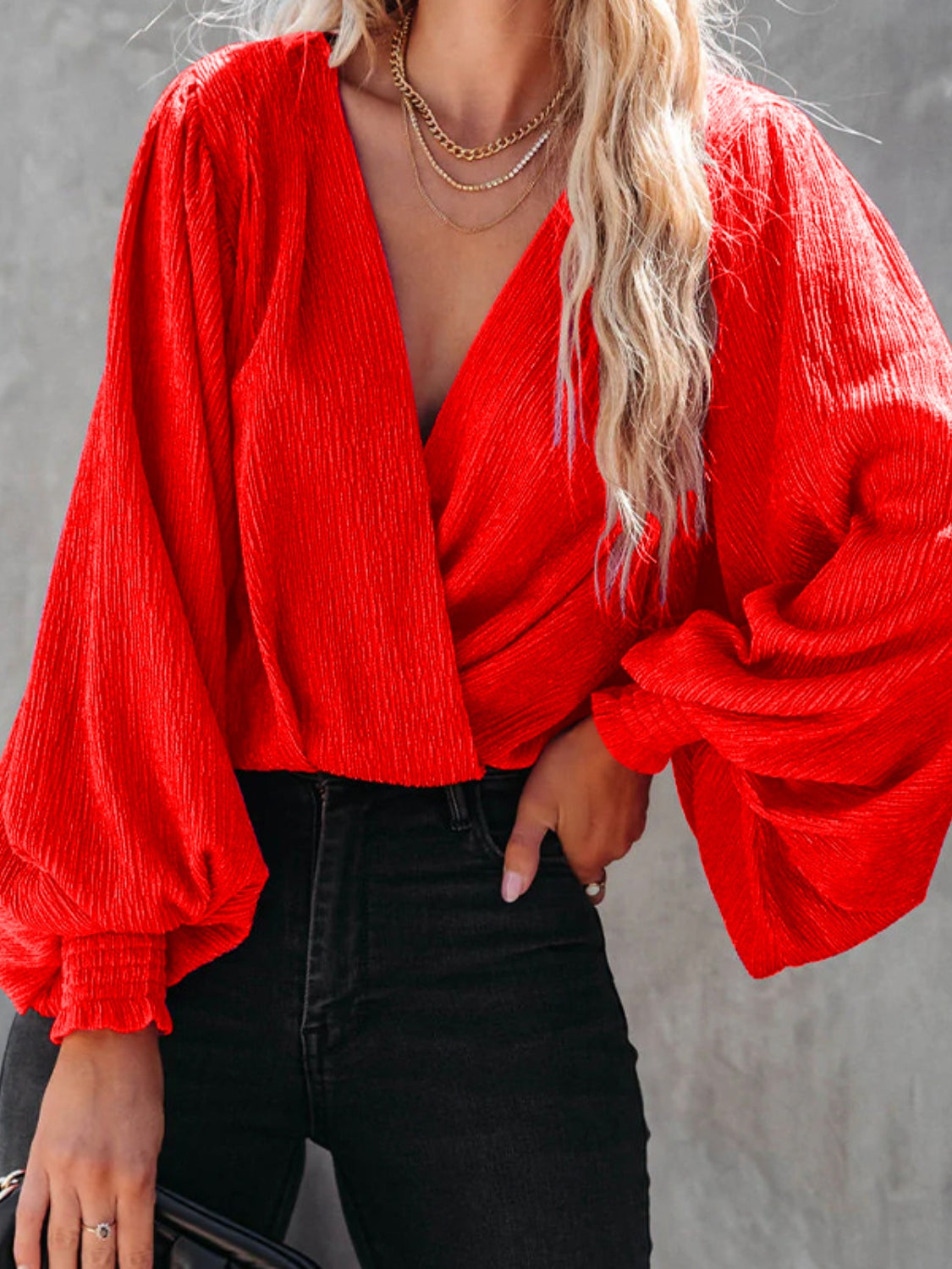 Texture Surplice Lantern Sleeve Blouse