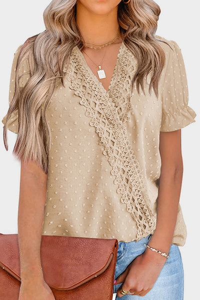 Dot Lace Detail V-Neck Short Sleeve Blouse