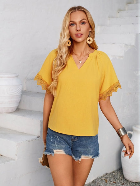 Lace Detail Notched Short Sleeve Blouse