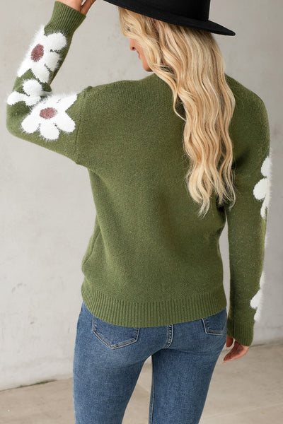 Flower Round Neck Long Sleeve Sweater