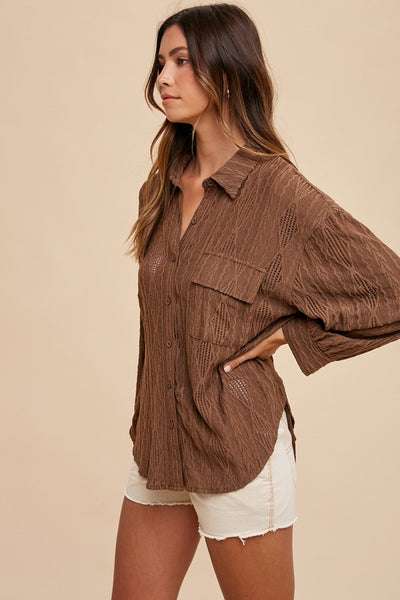 Openwork Button Down Drop Shoulder Shirt