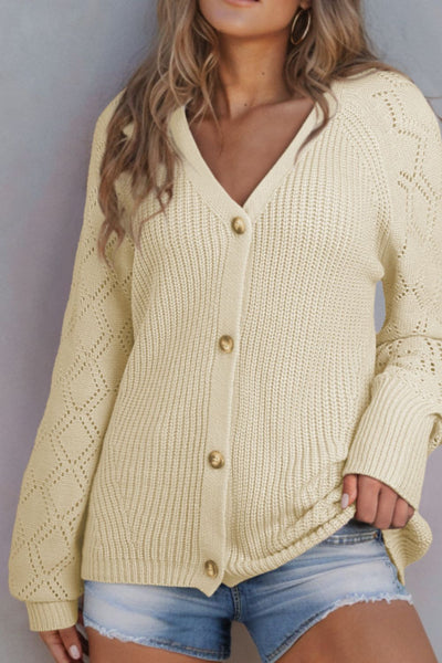 Openwork V-Neck Button Up Cardigan