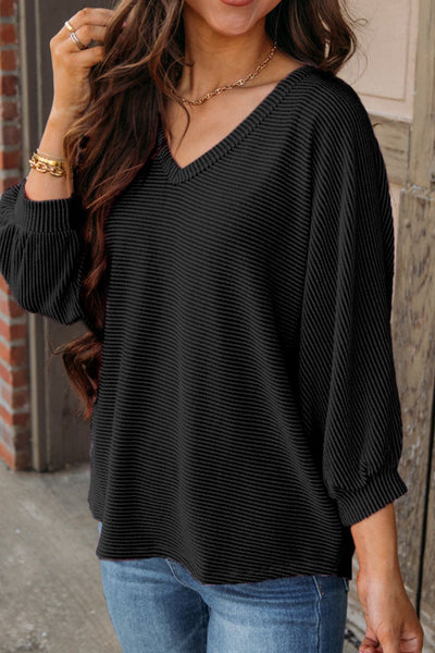 Texture V-Neck Long Sleeve Top