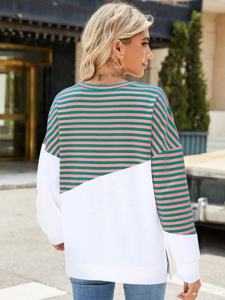 Slit Contrast Striped Long Sleeve Sweatshirt