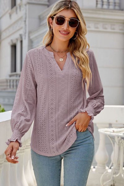 Notched Flounce Sleeve Eyelet Top