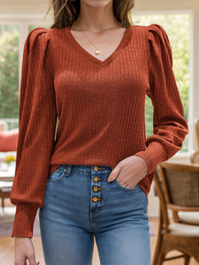 Ruched V-Neck Long Sleeve Top