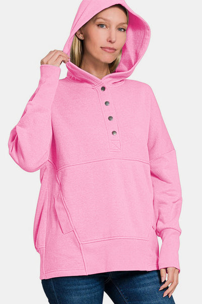 Half Snap Long Sleeve Hoodie with Kangaroo Pocket