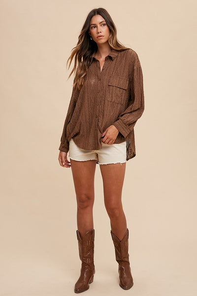 Openwork Button Down Drop Shoulder Shirt