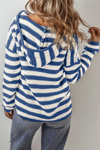 Drawstring Striped Long Sleeve Hooded Sweater