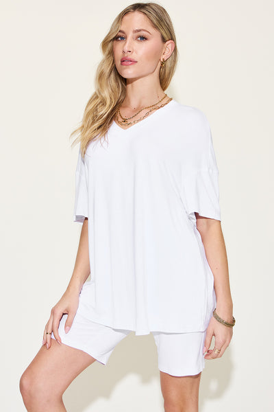 V-Neck Drop Shoulder T-Shirt and Shorts Set