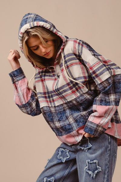 Drawstring Plaid Drop Shoulder Hoodie