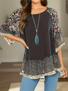 Full Size Frill Printed Round Neck Half Sleeve Blouse