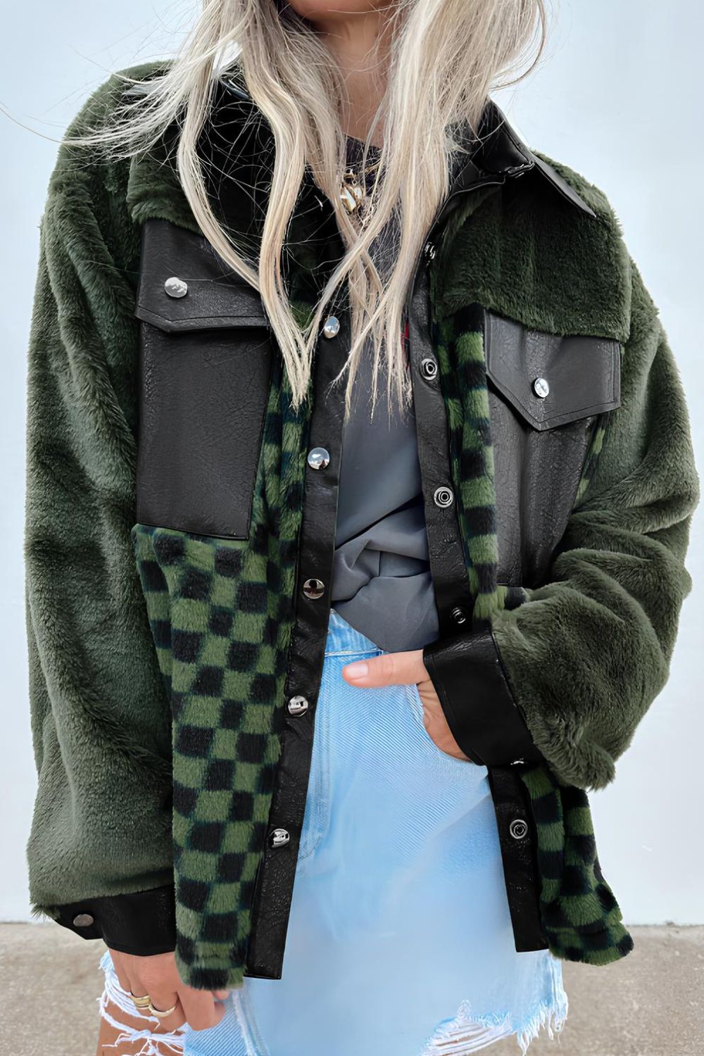 Pocketed Checkered Collared Neck Snap Down Jacket