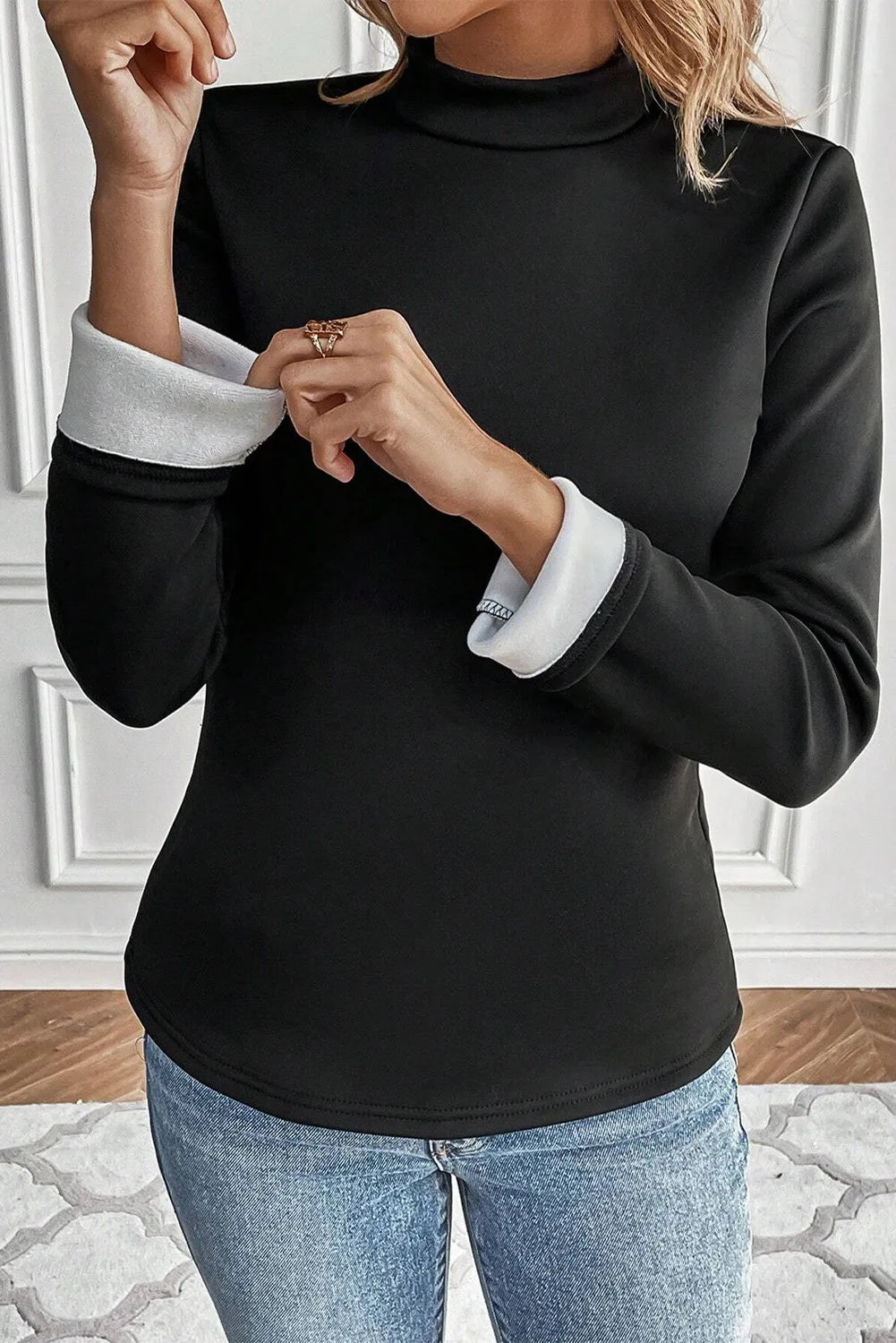 Thermal Lined Mock Neck Long Sleeve Blouse