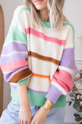 Contrast Striped Round Neck Drop Shoulder Sweater