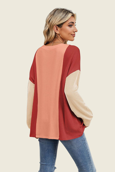 Texture Contrast Round Neck Long Sleeve T-Shirt