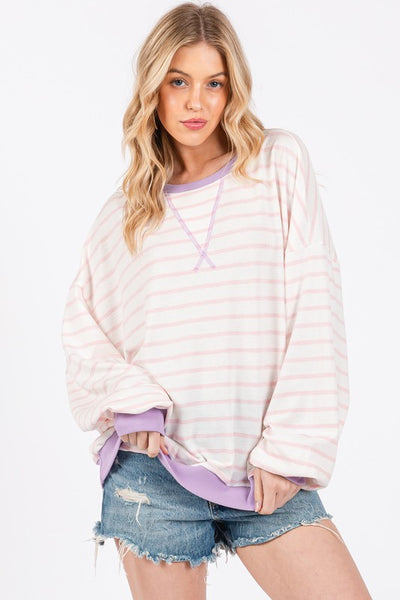 Striped Round Neck Drop Shoulder Sweatshirt