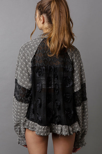 Eyelet Flower Pearl Detail Lace Patchwork Shirt