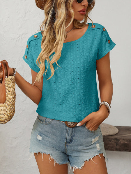 Eyelet Round Neck Short Sleeve Top