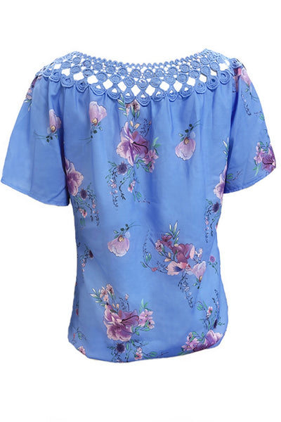 Full Size Printed Tie Neck Short Sleeve Blouse