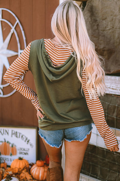 Drawstring Stripe Half Zip Long Sleeve Hoodie