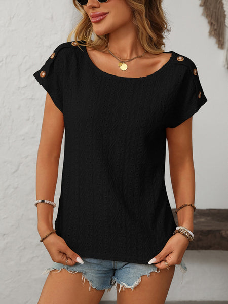Eyelet Round Neck Short Sleeve Top