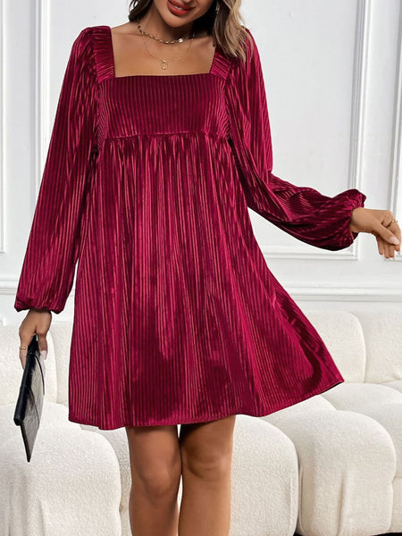 Tied Pocketed Square Neck Long Sleeve Dress