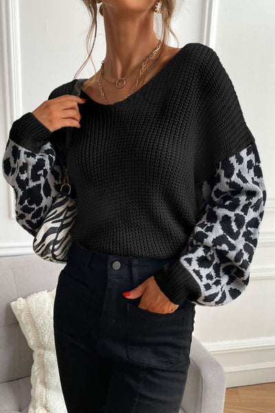 Leopard Sleeve Dropped Shoulder Sweater