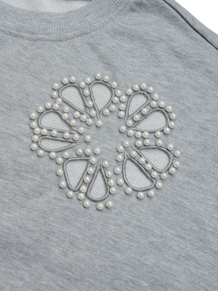 Cutout Pearl Round Neck Long Sleeve Sweatshirt