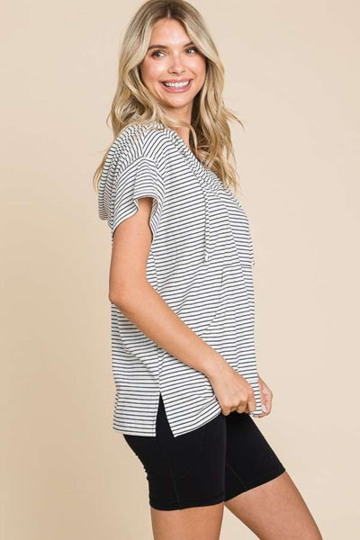 Full Size Striped Short Sleeve Hooded Top