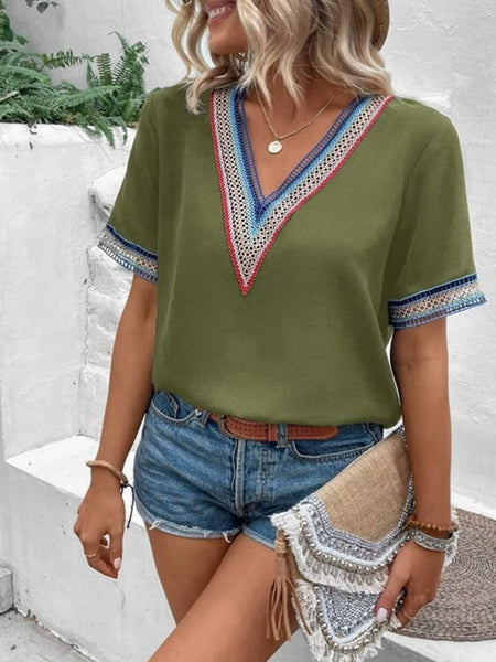 Full Size V-Neck Short Sleeve Blouse