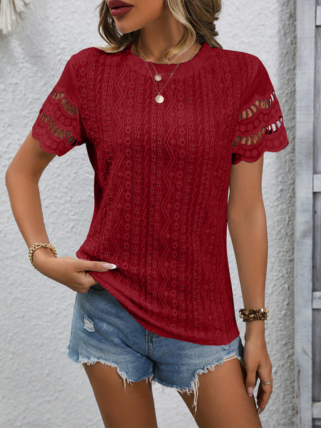 Full Size Eyelet Round Neck Short Sleeve Top