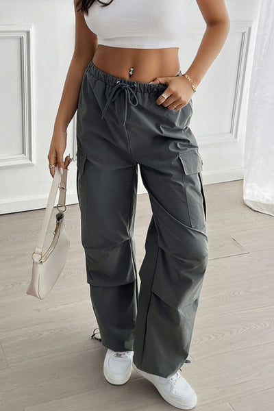 Drawstring Wide Leg Pants with Cargo Pockets