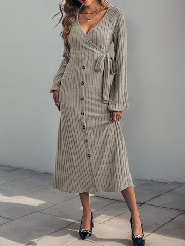 Ribbed Tied Surplice Long Sleeve Dress