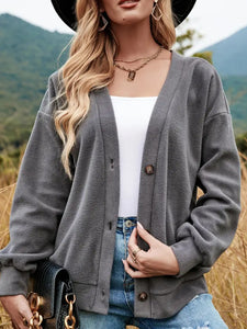 Button Down V-Neck Dropped Shoulder Jacket