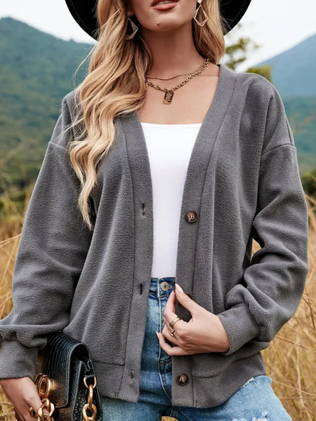 Button Down V-Neck Dropped Shoulder Jacket